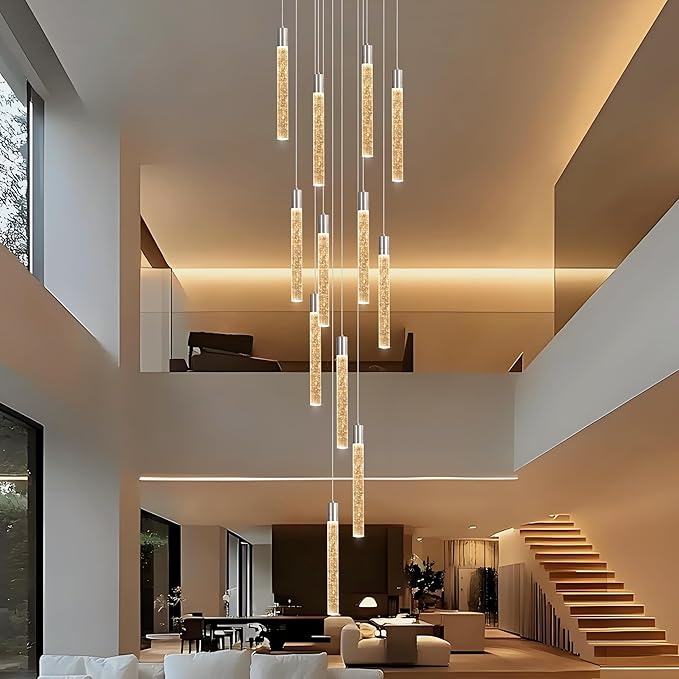 12-Light High Ceiling Chandeliers Modern Chorme Crystal Chandeliers for Entryway Long Spiral LED Dimmable Chandelier Flush Mount Ceiling Staircase Foyer Living Room Ceilings Light Fixture