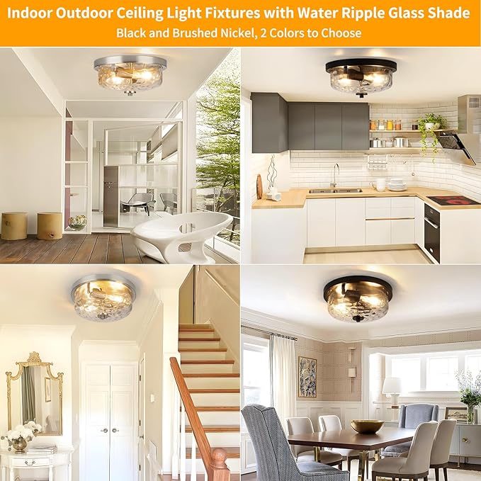 Brushed Nickel Flush Mount Light, Kitchen Ceiling Fixture with Water Ripple Glass Shade, 2-Light Outdoor Porch Flush Mounts for Hallway, Foyer, Entryway, Bathroom