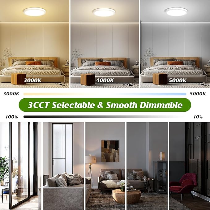 Brightever Flush Mount LED Ceiling Light White, 3 Color Temperature in One 3000K-4000K-5000K, Dimmable 15W 1200Lm 7 Inch Round Light Fixture Slim Low Profile Surface Mount for Basement, Porch(16-Pack)