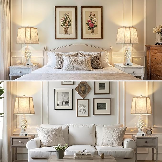 Lamps for Night Stands Set of 2-23.5" Bedside Lamp with USB A+C and Nightlight - Rustic Farmhouse Table Lamp for Bedrooms, End Tables, Living Room - French Country Decor, Bulbs Included, Cream
