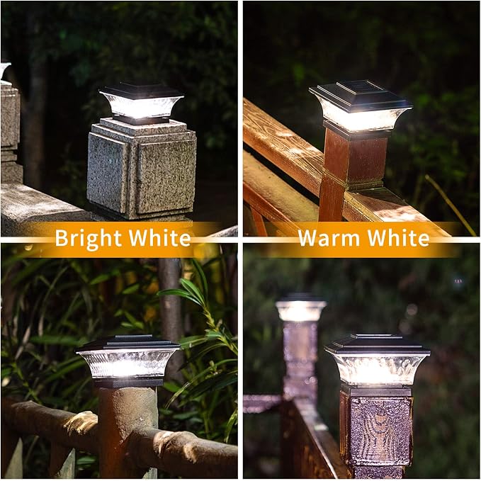 HUYIENO Solar Post Cap Lights Outdoor LED Lighting Deck Fence Cap Light Two Light Modes Warm White/Bright White Suitable for 4x4 Wooden Posts (Black, 8pk)