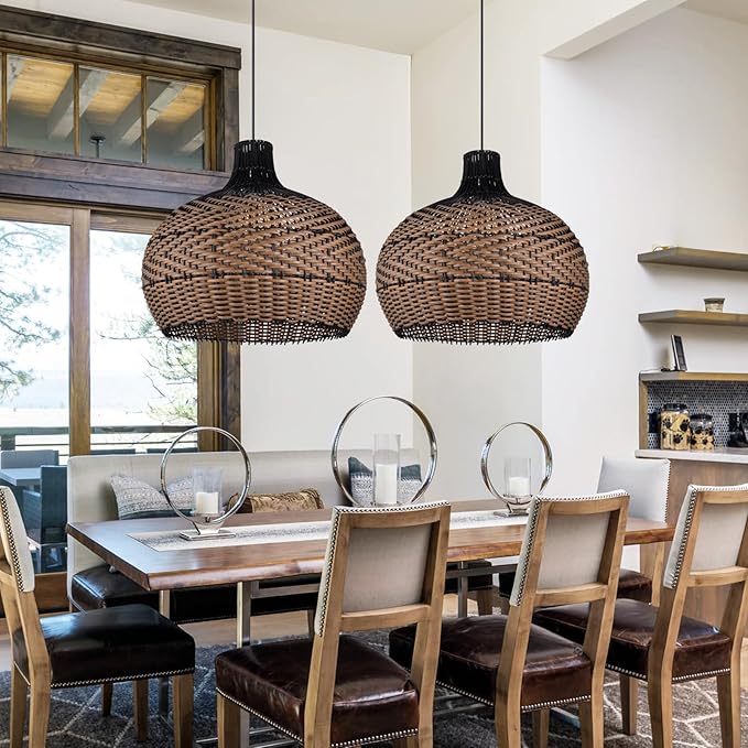 Arturesthome 1 Light Rattan Pendant Light Fixtures for Kitchen Island, 23.6" Wicker Chandelier, Handwoven Hanging Ceiling Lighting Lampshade for Dining Room Hallway Black