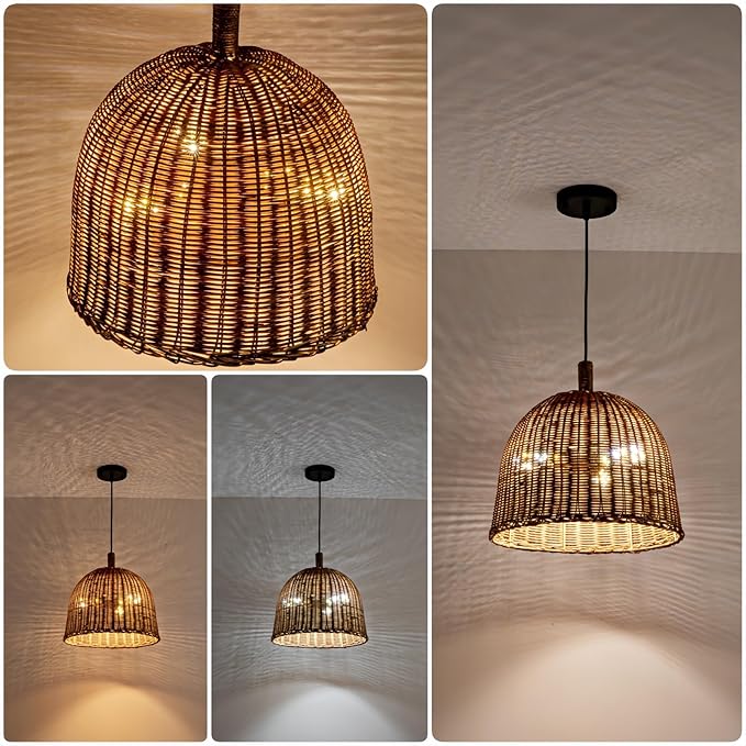 17" Farmhouse Rattan Chandelier 3-Lights Boho Wicker Pendant Lights Hand Woven Bamboo Dining Room Light Coastal Hanging Lighting Fixture for Living Room Kitchen Island Bedroom eRestaurant Foyer