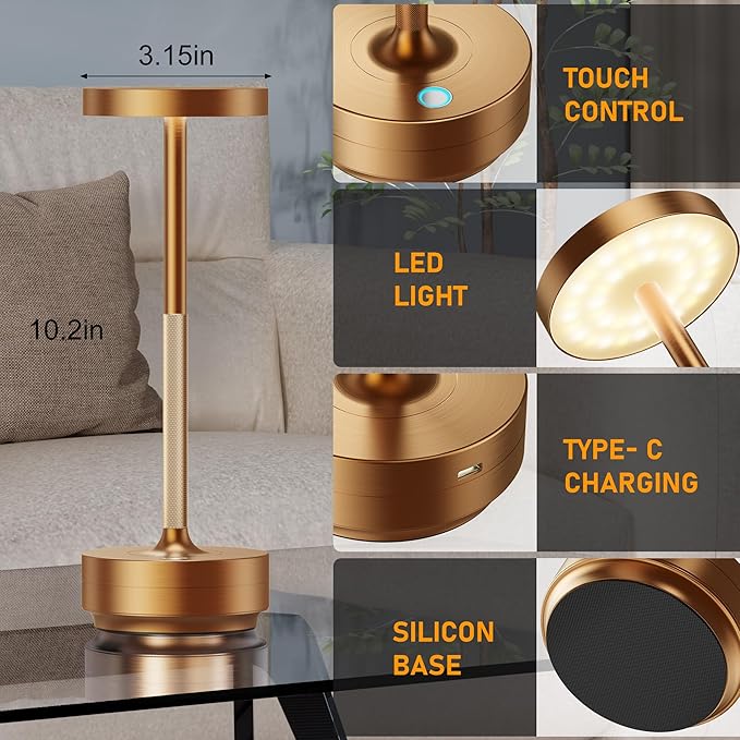 SAKRINGT 2 Pack Rechargeable Cordless Table Lamp - Battery Operated LED Portable Table Light with 3 Color Stepless Dimming, Memory Function - IP54 Waterproof for Outdoor, Restaurant, Patio, Camping