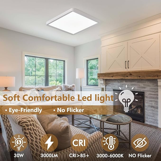 12 Inch 6PK Square LED Flush Mount Ceiling Light, 30W, 3000LM 3000K/4000K/6000K CCT Selectable, Square LED Flat Panel Ceiling Light Fixture for Bedroom,Kitchen,Living Room (White)