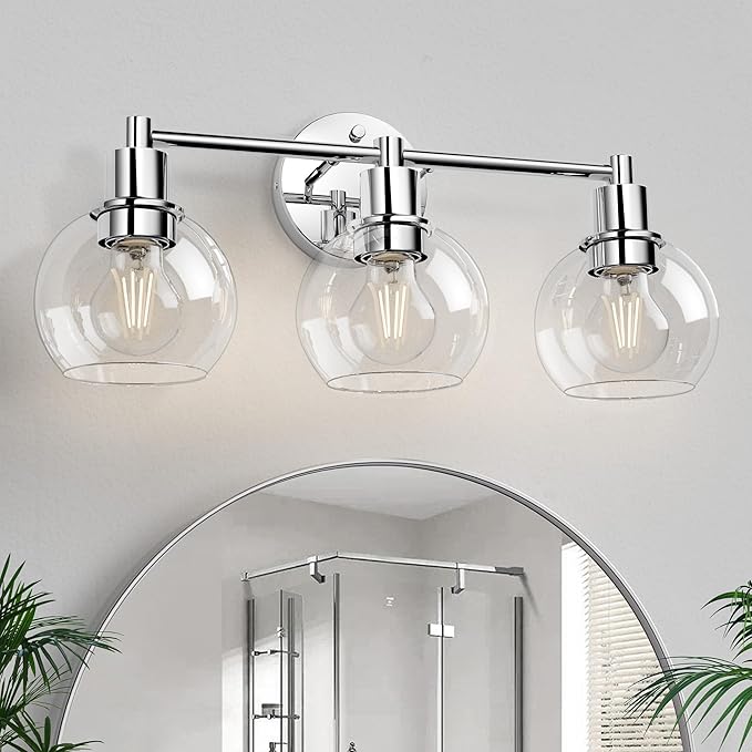 Espird 3 Lights Bathroom Vanity Light Fixtures Chrome, Bathroom Lights Over Mirror, Industrial and Farmhouse 3 Light Wall Sconce, Polished Chrome Globe Vanity Lighting Fixtures