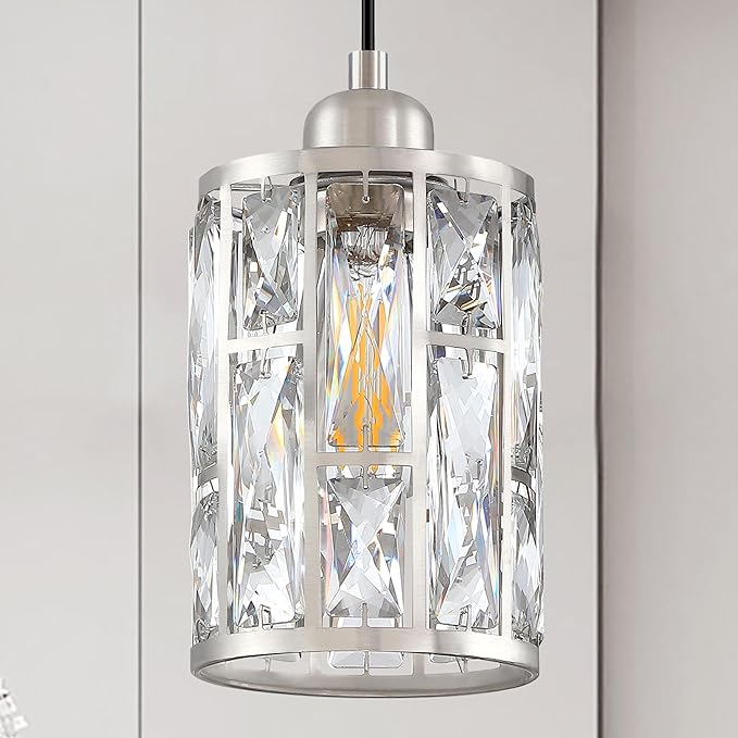 2 Pack 1 Light 5.4" Crystal Shade Hanging Kitchen Island Pendant Light Brushed Nickel Finish,Modern Pendant Fixture with Crystal Metal Shade for Bar,Dining Room,Living Room Over Sink