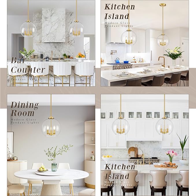 12" Gold Pendant Lights 2 Pack Glass Globe Pendant Light Fixture Bedroom Mid Century Modern Pendant Lighting Brass Pendant Light for Kitchen Island Bedroom Living Room (Bulb Incl.)