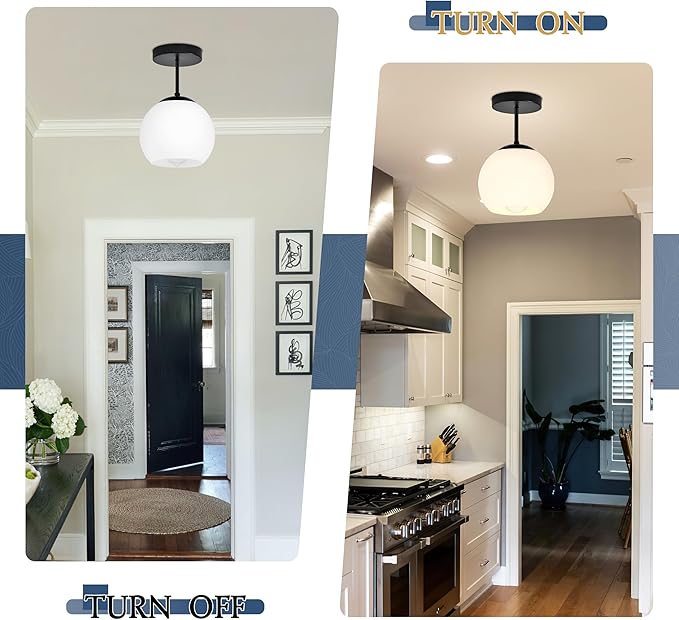 Black Semi Flush Mount Ceiling Light Fixture Milk Glass Light Fixture Mid Century Flush Mount Ceiling Light Black Flush Mount Ceiling Light Schoolhouse Light Fixture for Dining Room(Bulb Incl.)