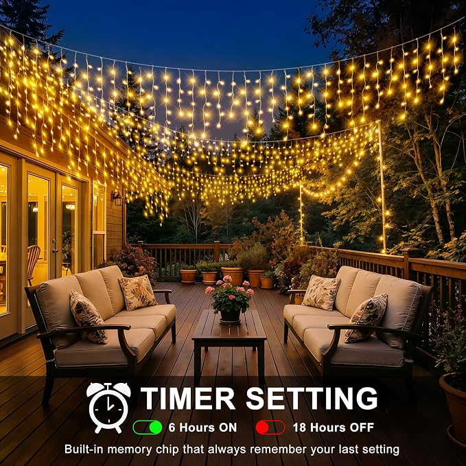 33FT 400 LED Icicle Christmas Lights Outdoor - Warm White Icicle Lights for Outside with 75 Drops 8 Modes, Waterproof Connectable Curtain Hanging Lights for Indoor Roof Patio Garden Party Decorations