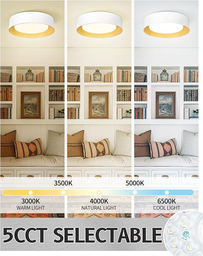 AUTELO 16" Ceiling Light, LED 5CCT Flush Mount Ceiling Light, White Light Fixtures Ceiling Mount fo with Frosted Glass in White Finish for Bedroom, C3336-40 WH LED