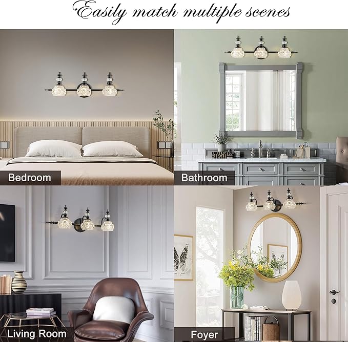 Bathroom Vanity Light Fixtures, Farmhouse Vintage Wall Sconce Lighting with Glass Shade, Bath Vintage Wall Mounted Lamps for Mirror (3 Lights,Matte Black,G9 Base)