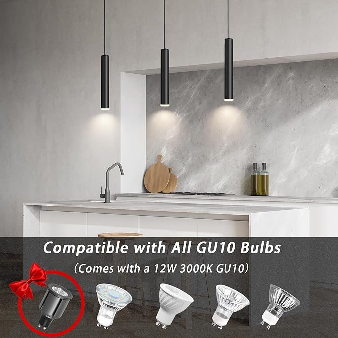 Modern Black Pendant Light Fixture for Kitchen Island, 1-Light Pendant Lighting, Lights Cord Adjustable, Matching GU10 lamp Holder,for Living Room Bedroom Dining Room（Wide Beam Angle）(3 Pack)