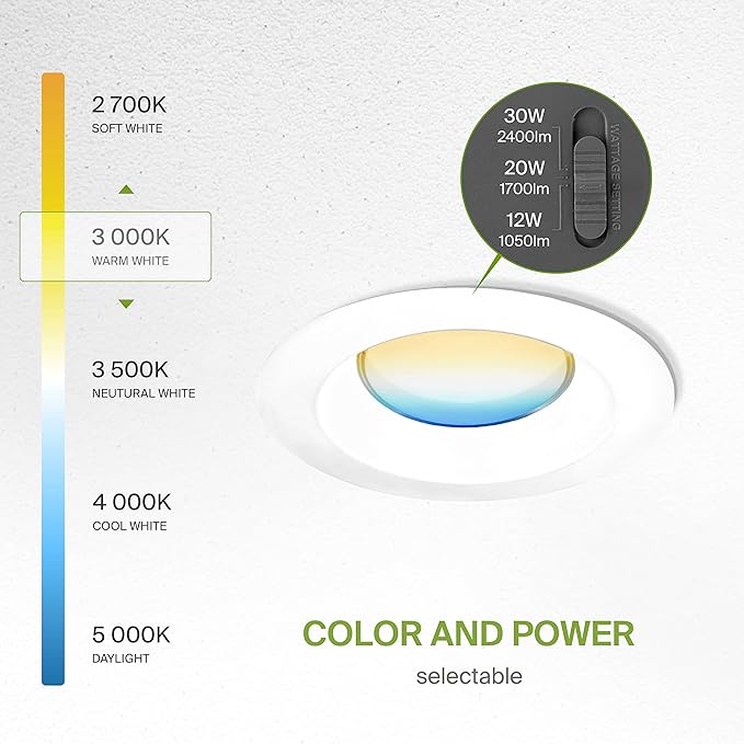 ASD 8 Inch Commercial Canless LED Downlight, Power Adjustable 12/20/30W Lighting, Round Dimmable Recessed Ceiling Light Fixture, 5 Color Temperatures 2700K-5000K, 120-277V IC Rated UL & Energy Star