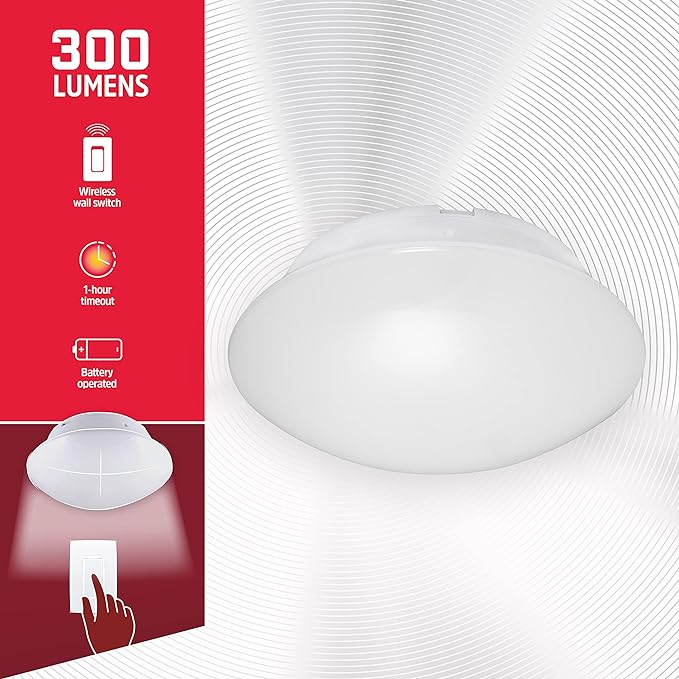 Energizer LED Ceiling Light Fixture, Battery Operated, Wireless Wall Switch Remote, 300 Lumens, Ceiling Light No Electricity, Perfect for Closets, Laundry Room, Garage, Shed and More, 58823-T1