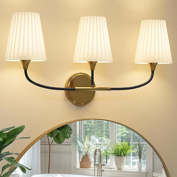 Bathroom Light Fixtures Over Mirror, 3 Light Vanity Light for Bathroom, Black Gold Vanity Light Fixtures with Flared Ivory White Fabric Shade, E26 Socket Modern Sconce Wall Decor(ETL Listed)