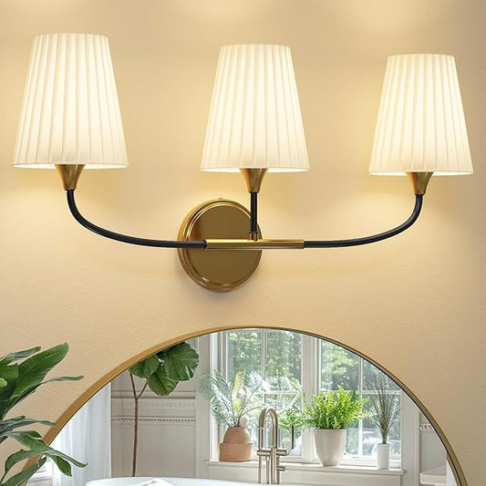 Bathroom Light Fixtures Over Mirror, 3 Light Vanity Light for Bathroom, Black Gold Vanity Light Fixtures with Flared Ivory White Fabric Shade, E26 Socket Modern Sconce Wall Decor(ETL Listed)