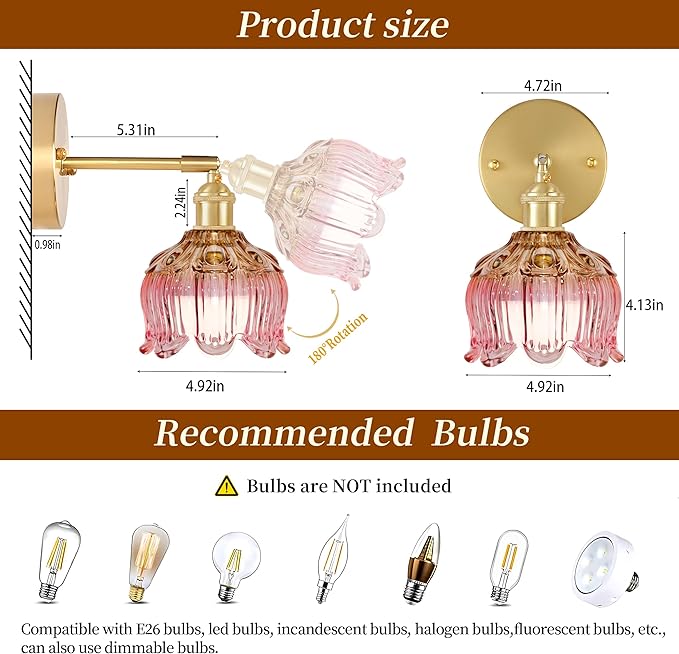 Vintage Battery Wall Sconce with Flower lampshade,Rechargeable Battery Powered Wall Lights,Wall lamp with 15 Colors for Bedroom Living Room Home Decor (Flower Pink, 2 Light Battery Operated)