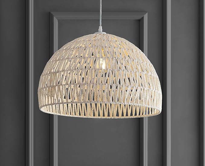 JONATHAN Y 20" Cream Modern Bohemian Woven Rope LED Pendant Light Fixture, Adjustable Dome Ceiling Lamp for Kitchen Island, Rope Shade, Coastal Farmhouse Decor JYL6504A