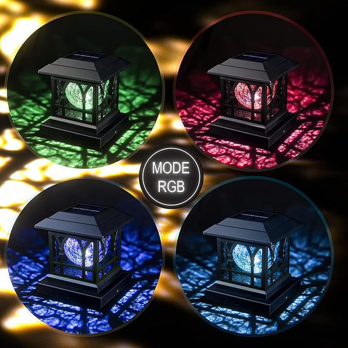 Solar Post Cap Lights, Warm White & RGB Automatic Cycling, Cracked Glass Bulb, 20 Lumens lP65 Waterproof Fit 3.6x3.6 4x4 4.5x4.5 5x5 Wood Fence Post Solar Powered Lights Black (12 Pack)