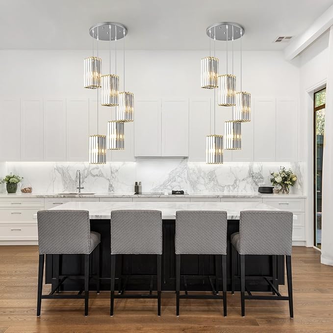 Modern Pendant Light Chrome Rectangle Pendant Lighting Mini Crystal Chandeliers Adjustable Pendant Light Fixture for Kitchen Island Dinning Room Living Room Corridor Bedroom(Chrome 5-Light)