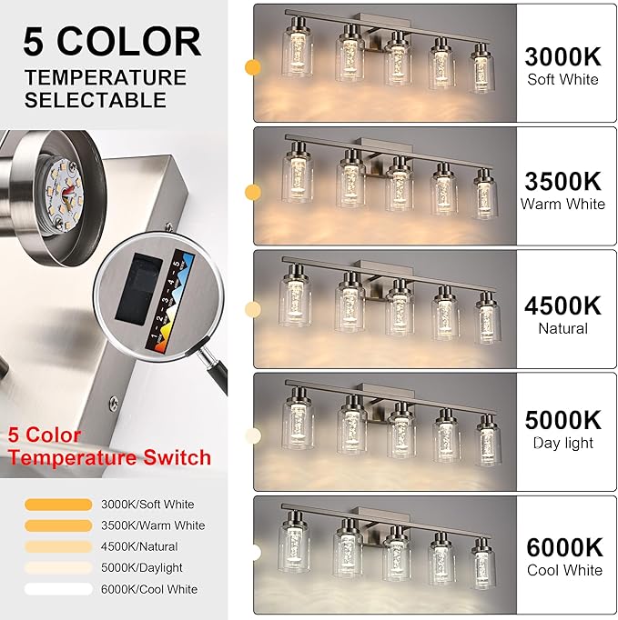 MELUCEE Bathroom Vanity Light Fixtures 5-Light Modern LED Vanity Lights for Bathroom Brushed Nickel with Crystal Bubble Clear Glass Shade, Dimmable Wall Light 3000K-6000K, Built-in LED Chips