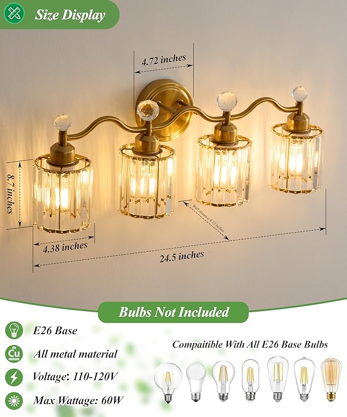 Modern Crystal Bathroom Vanity Light, 4-Lights Bathroom Light Fixtures, Brass Gold Vanity Lighting Fixtures Over Mirror, Brushed Wall Sconce Light for Bedroom, Kitchen, Living Room, Gallery, E26 Base