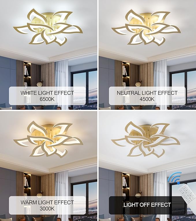 MEIXISUE LED Ceiling Light Gold Dimmable Close to Ceiling Lamp with Remote Control for Living Room,Bedroom,Kitchen,W31.5