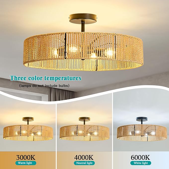 hesoge Boho Rattan Ceiling Light Fixture Rustic Black Semi Flush Mount Ceiling Light 20 Inches 4 Light Woven Chandelier for Farmhouse Hallway Bedroon Living Room Dining Room Kitchen Island
