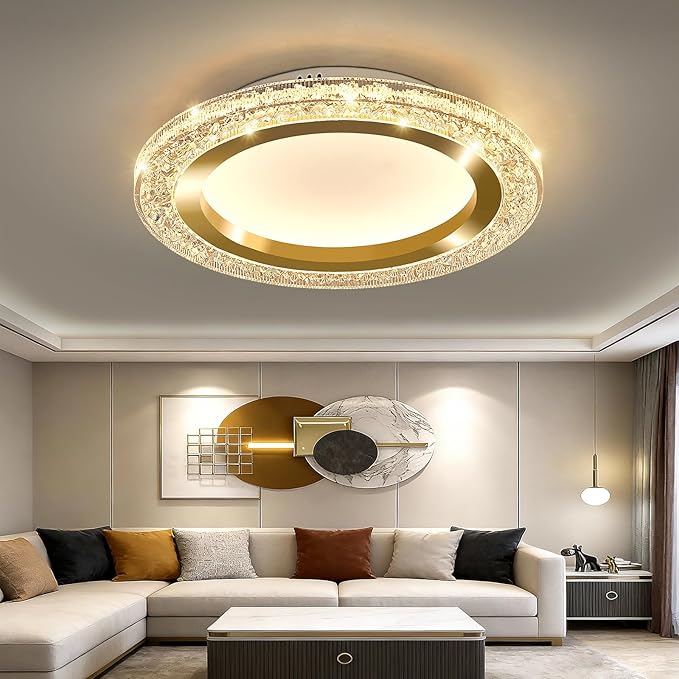 UOFUS 19.68inch Large Gold Flush Mount Ceiling Light 75W Modern Round LED Ceiling Light Fixture 3000K-6000K Super Bright Circle Ceiling Lamp for Living Room Dining Room Bedroom Kitchen Bathroom