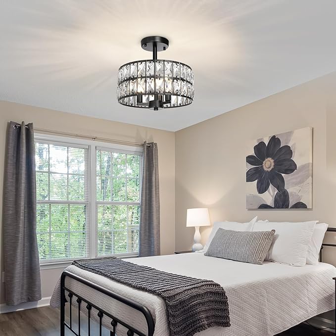 3-Light Round Crystal Ceiling Light Fixture Black Semi Flush Mount Chandelier, 12.6" Farmhouse Kitchen Ceiling Light Fixtures with Cylinder Drum Shade for Hallway Dining Room Bedroom