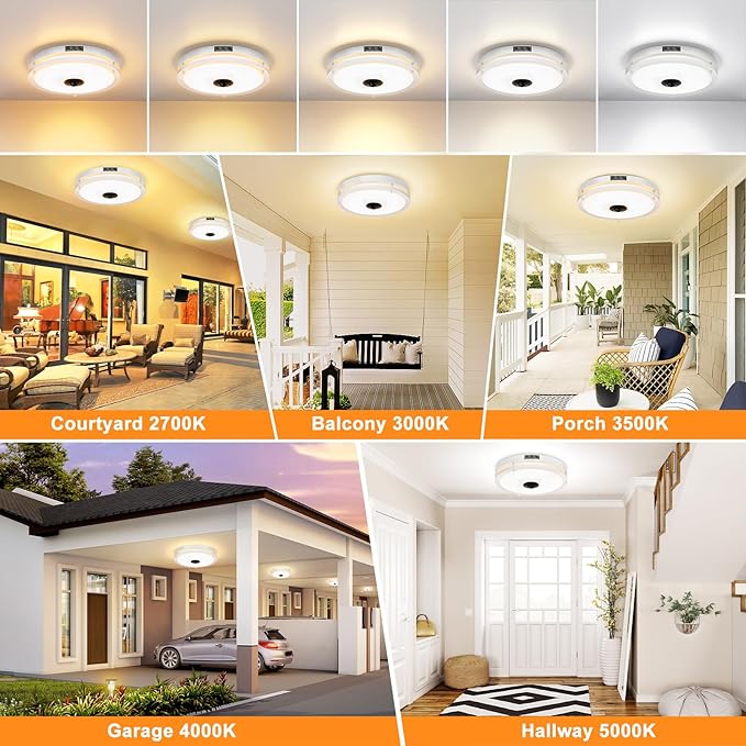 24W LED Motion Sensor Outdoor Ceiling Light, 12IN 2700K/3000K/3500K/4000K/5000K Adjustable Ceiling Lights, Dusk to Dawn Flush Mount LED Ceiling Light Fixture for Porch, Garage,