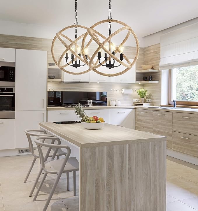 JONATHAN Y 20" Black/Brown 4-Light Iron and Rope Globe Pendant Light, Adjustable Height Coastal Farmhouse Chandelier for Kitchen Island Dining Room, LED Bulbs Included JYL9041A
