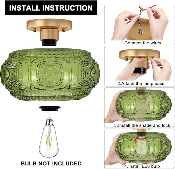 Semi Flush Mount Ceiling Light, Upgraded Larger Green Glass Ceiling Light Fixture, Vintage Lighting for Hallway Kitchen Bedroom Dining Room, Bulb Not Included