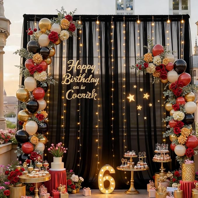 Black Tulle Backdrop Curtain with Lights Strings, Elegant Sheer Photo Backdrop Drapes, Soft Fabric Curtain for Weddings Brithday Parties Photography Background Decor, 10ftx8ft