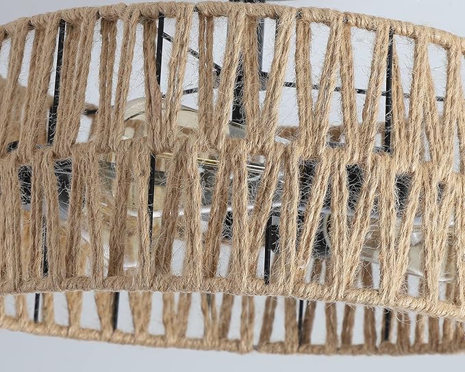 3-Light Coastal Woven Flush Mount Light Fixture Boho Rustic Hemp Rope Drum Semi Flush Mount Ceiling Light for Hallway Bedroom Kitchen Entryway Farmhouse Living Room, Black