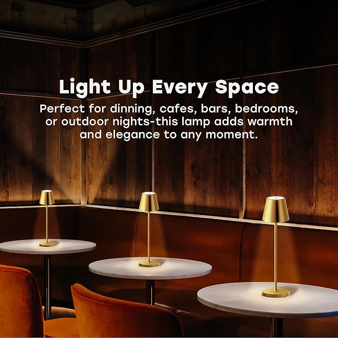 2 Pack Cordless Table Lamp,Portable LED Desk Lamp, 5200mAh Battery Operated, 3 Color Stepless Dimming Up, for Restaurant, Bedroom, Bars, Outdoor Party, Camping, Coffee Shop Night Light Gold