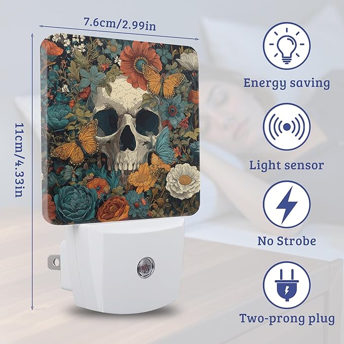 Skull Flowers Night Light, Plug-into Wall Nightlight Lamp with Dusk to Dawn Sensor, Led Lamp 0.5W Energy Efficient for Boys Girls Women Men Gifts, Home Decorative