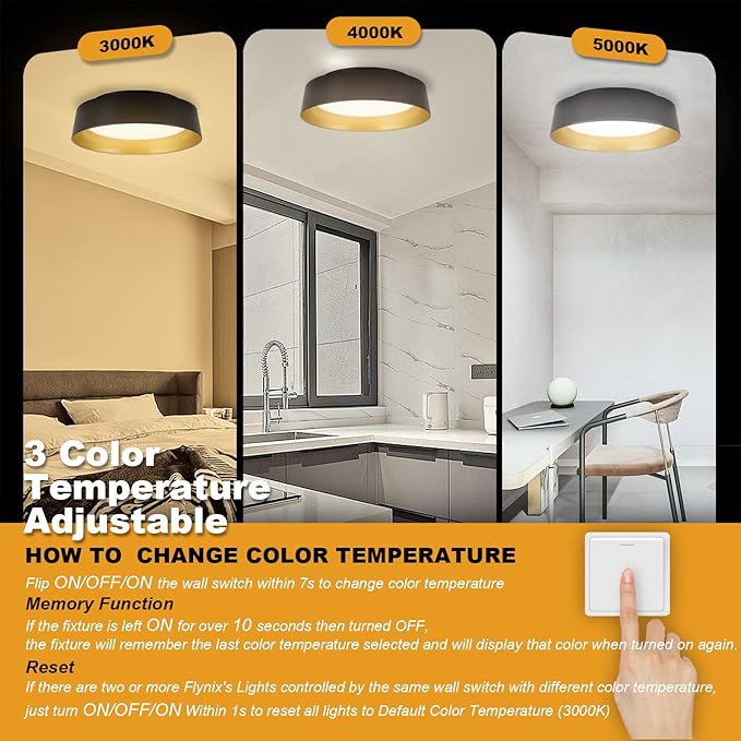 12.5 Inch LED Flush Mount Ceiling Light Fixture, 26W, Super Bright 1350 Lumen, 3 Color 3000K/4000K/5000K, Matt Black with Gold Inside, Dimmable Ceiling Lamp for Bedroom Hallway Bathroom Outdoor