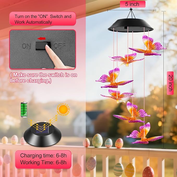 Birthday Gifts for Women, Gardening Gifts for Mom Grandma Nana Wife Sister, Winzwon Solar Lights Outdoor Wind Chimes for Outside Garden Yard Patio Porch Decor Butterfly Decorations