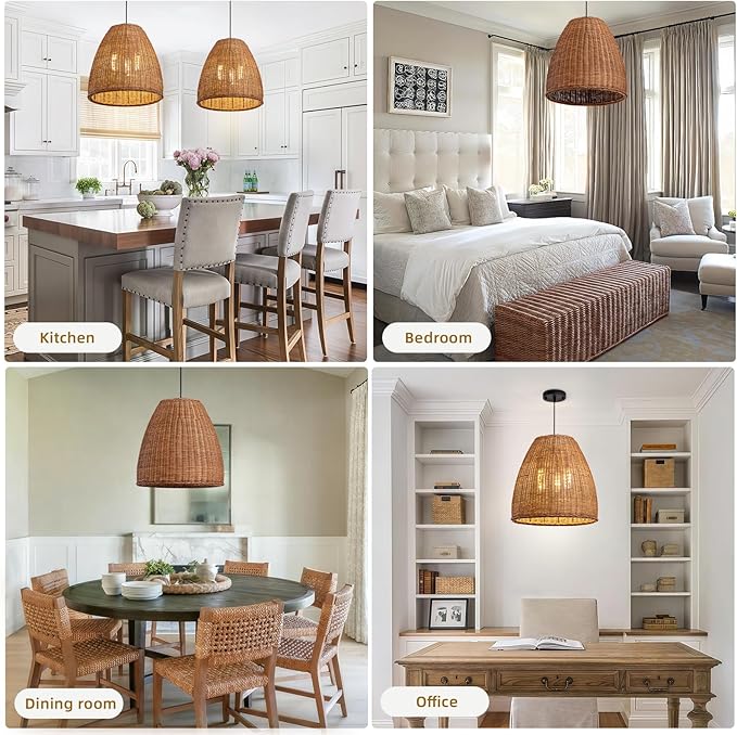 3-Light Dark Curry Rattan Pendant Light,16.54" Rustic Hanging Light,Brown Wicker Pendant Light Hand-Woven Rattan Chandelier for Workplace Restaurants Dining Living Kitchen Farmhouse