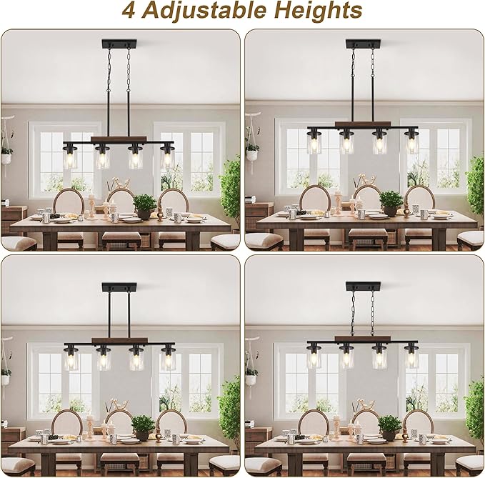 29.3'' Kitchen Island Light Fixtures, 4-Light Dining Room Light Fixture Chandelier Over Table, Black Modern Rustic Wood Ceiling Pendant Light Fixtures, with Clear Glass Shade, Farmhouse Chandelier