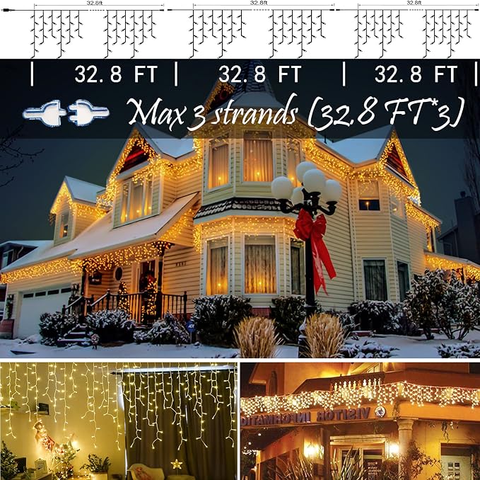 BLOFUN LED Lamps Outdoor Icicle Lights, 32.8 ft 400 LED - 8 Modes Curtain String Lights for Indoor/Outdoor, Wedding, Party, Holiday