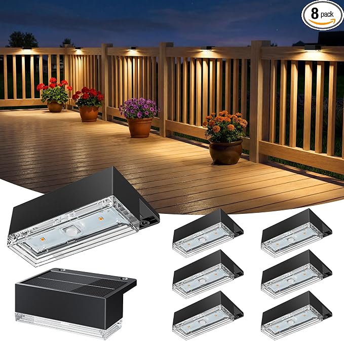 JOFIOS Solar Deck Lights 8 Pack, 3 Color Modes Soft Warm/Natural/Cool Glow, IP65 Waterproof Step Lights for Outdoor Ambiance, Solar Lights for Fence, Deck, Railing, Patio & Backyard Decor (Black)