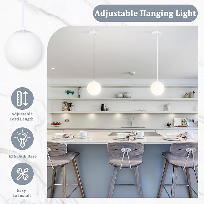 KoKo&Yukina 6 Inch Globe Pendant Light White Globe Pendant Lights Kitchen Island Mid Century Light Fixture with Milky White Glass Shade for Dining Room Living Room