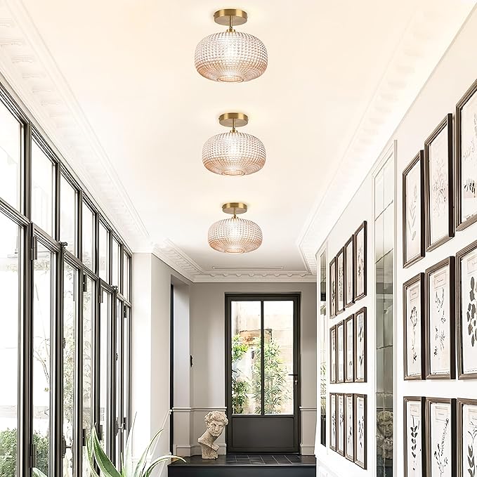 Semi Flush Mount Ceiling Light,Vintage Small Ceiling Light Fixture,Hallway Lighting Fixture with Amber Glass Shade,Art Deco Kitchen Lighting Fixtures Ceiling for Bedroom,Bathroom,Porch