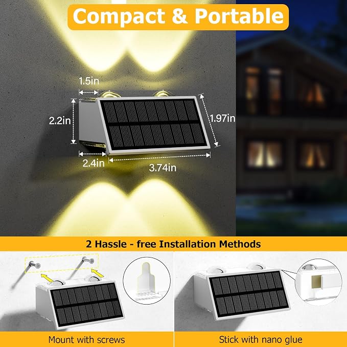 Solar Fence Lights Outdoor, 12 Pack Warm & Cool White RGB LED IP68 Waterproof Wall Mount Sconce Up & Down Solar Lights for Outside Garden Patio Backyard Garage Step（White