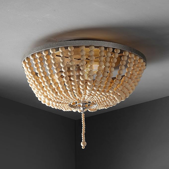 JONATHAN Y 15" Antique Silver/Cream Allison 3-Light LED Flush Mount Ceiling Light for Bedroom, Wood Beaded Shade Shabby Chic Farmhouse Rustic Decor, LED Bulbs Included (JYL9019C)
