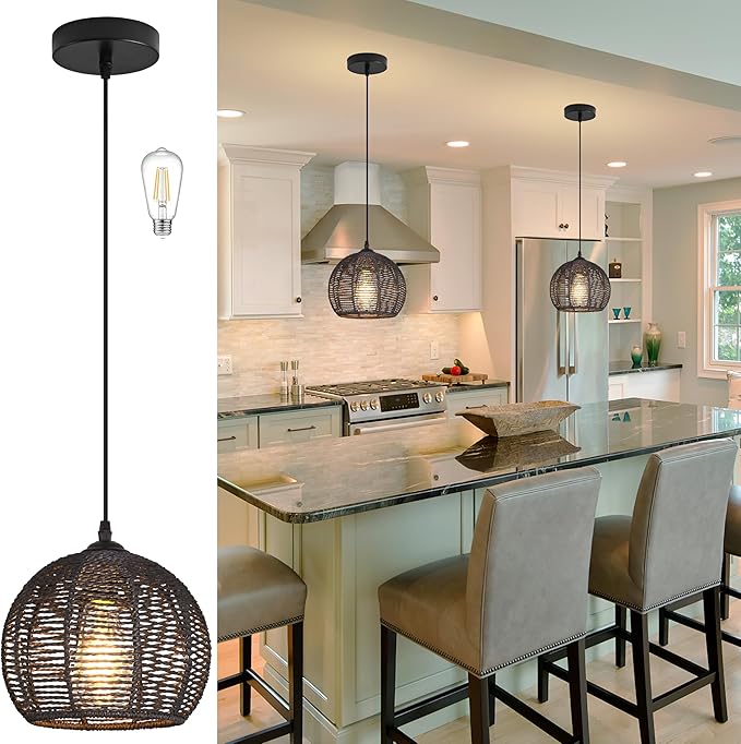 Ayshwill Dec Black Woven Boho Chandelier Wicker Rattan Dome Pendant Light Fixture for Dining Room Bedroom Kitchen Island (Bulb Included)