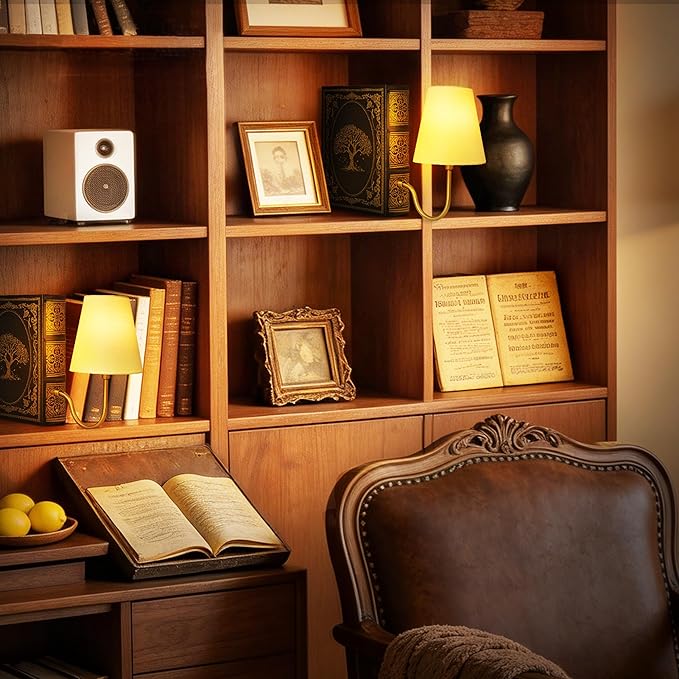 AELS Vintage Bookshelf Lamp with Bulb, Table Lamp with Linen Shade, 3-Color Dimmable Touch Control, Modern Farmhouse, Book Sconce for Office Home Bedroom Bookshelf, Tree of Life on Black & Gold